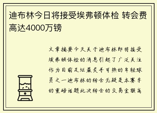 迪布林今日将接受埃弗顿体检 转会费高达4000万镑